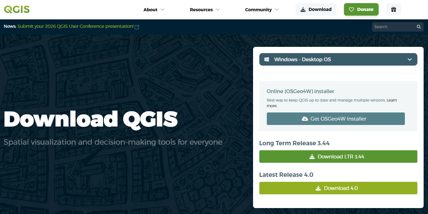 QGIS 4.0的Windows版本下载页面