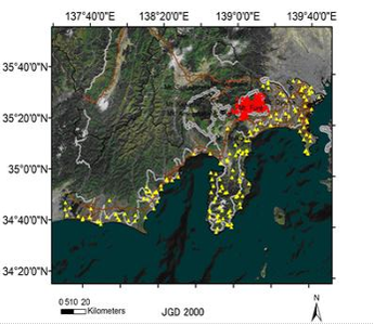 日本鬣羚在富士山-丹沢山地区的出/没地点及其生境因子数据集
