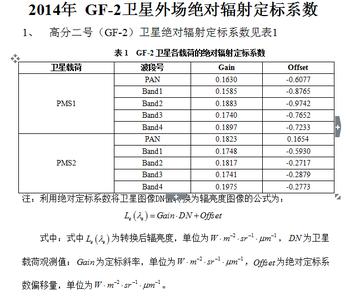 2014年9月至2015年8月国产陆地观测卫星绝对辐射定标系数-GF-2