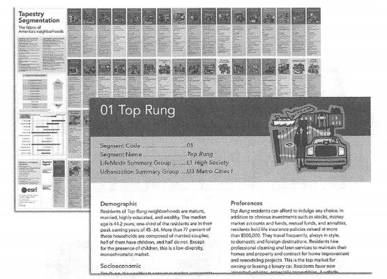 Esri的Tapestry市场细分基于人口统计学和社会经济特征将美国社区划分为65个细分市场， 描述了每个市场的消费能力、消费需求、生活习惯和生活阶段