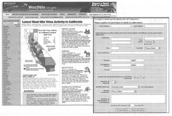 WestNile.ca.gov向公众发布西尼罗河病毒的传播范围， 并发动公众报告疑似病例，共同监测该病毒的传播。 (致谢:加利福尼亚州公共健康部和WWW. FightTheBiteColorado.com; 蚊子的图标由Gary Sky和Vicki Gullickson绘制）