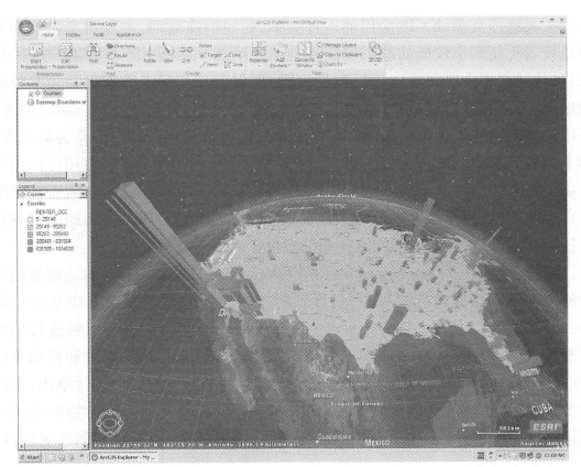 三维地图服务也可以将某一属性的值作为第三维,突出显示该属性所表达的主题。 图中所示的三维地图服务是将美国每个县租房人口的数量作为高程,反映租房人口的分布情况。 (致谢: 美国地质调查局 和美国人口普查局)