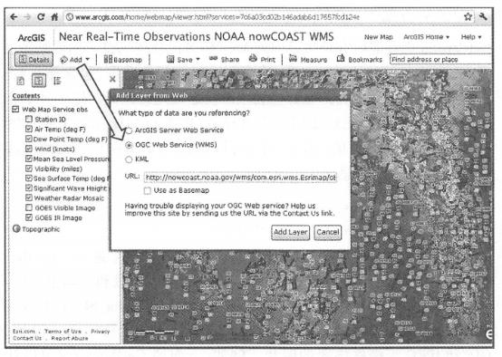在ArcGISOnline地图浏览器中显示NOAA发布的大地海洋气象 WMS 服务。(致谢:美国国家海洋与大气管理局)