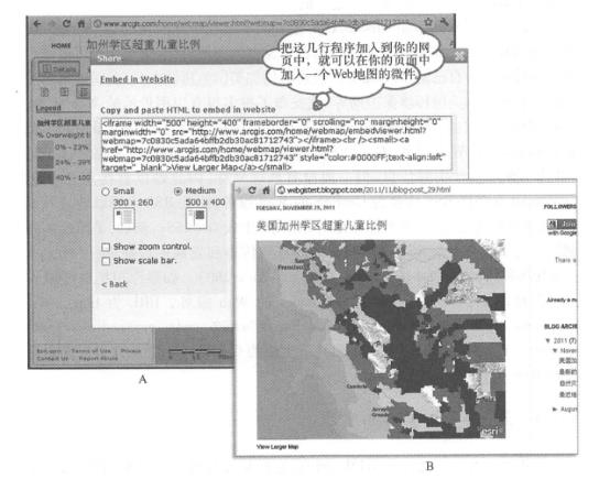 ArcGIS Online提供了多种共享功能,其中一种是为你提供几行HTML源程序(A), 这其实就是一个微件。把这几行程序加人到你的网页如博客中, 它就会在你的网页中加入一个Web地图(B)。(致谢:美国人口普查局)