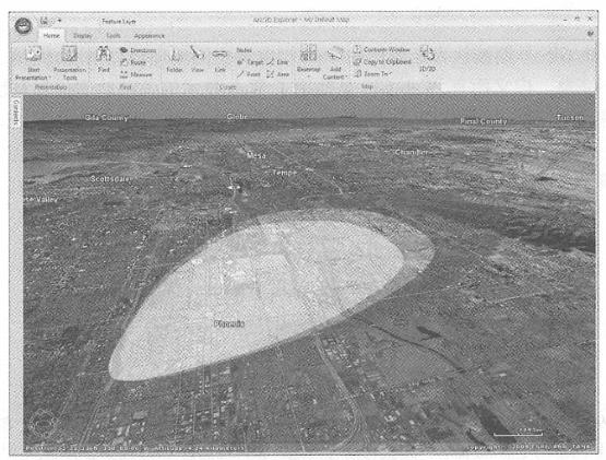 ArcGISExplorer桌面版是一个二维地图和三维虚拟地球浏览器，可以调用ArcGIS Server的多种 Web 服务。本图中，ArcGIS Explorer 调用了 ArcGIS Server的地理分析服务，来显示毒气泄露所可能影响的区域。（致谢:AND Automotive NavigationData 和 Tele Atlas North America, Inc\_ )
