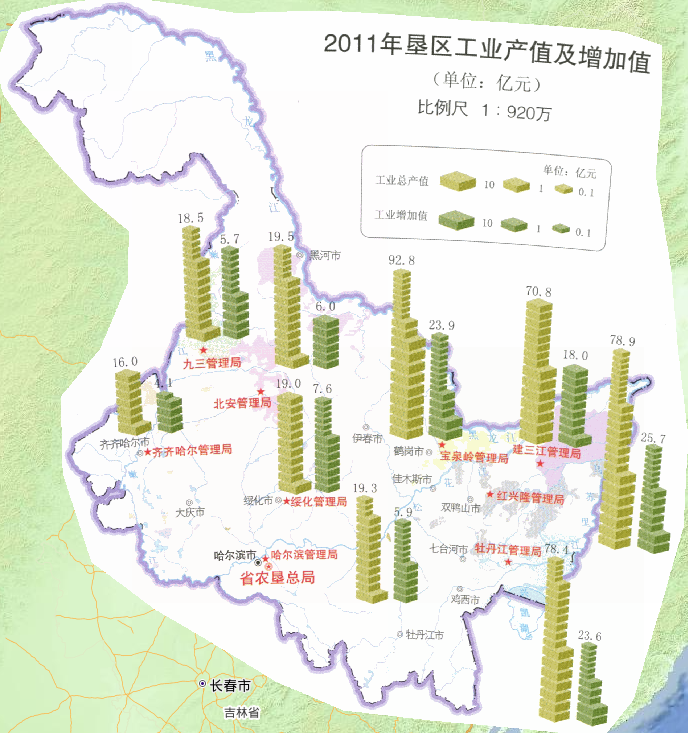 2011年黑龙江垦区工业产值及增加值在线地图