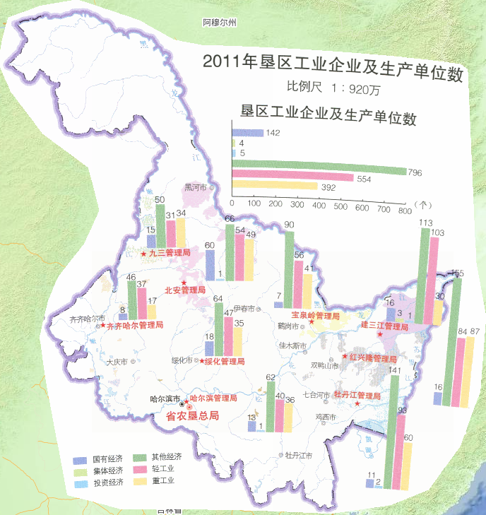 2011年中国黑龙江垦区工业企业及生产单位数在线地图
