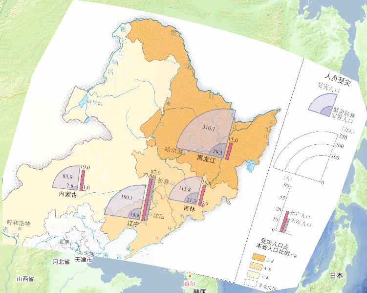 2013年中国东北地区洪涝灾害人员受灾情况在线地图
