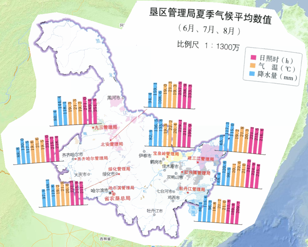2011年中国黑龙江垦区管理局夏季气候平均数值（6月、7月、8月）在线地图