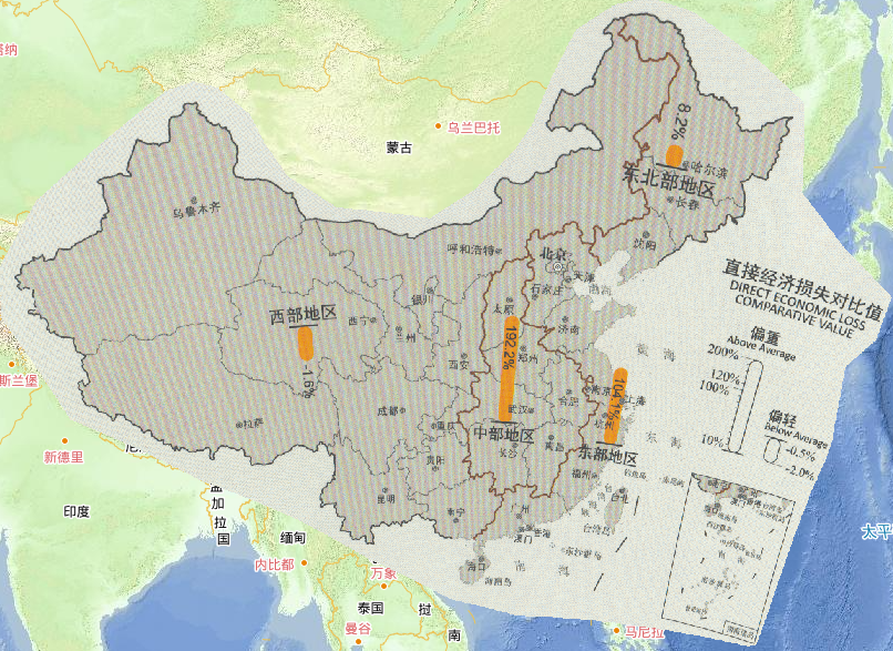 2016年中国分区域直接经济损失与2000年以来均值对比情况在线地图