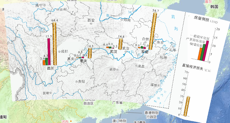 2013年6月底至7月初中国四川盆地江淮江汉地区洪涝风雹灾害房屋倒损和经济损失情况在线地图