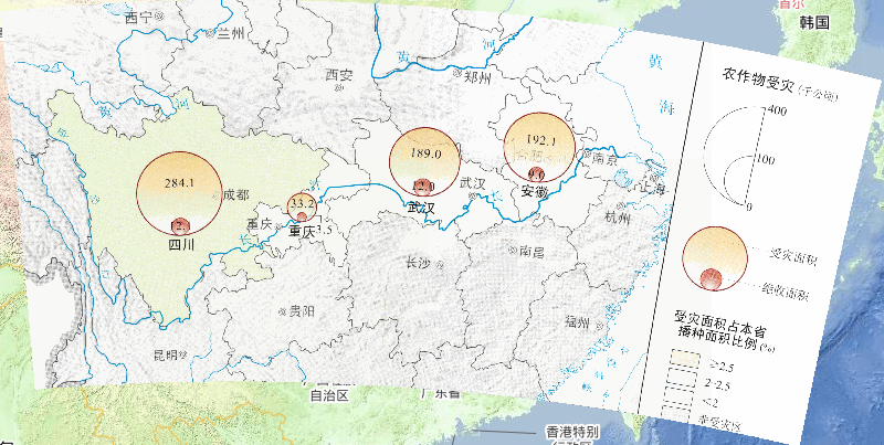 2013年6月底至7月初中国四川盆地江淮江汉地区洪涝风雹灾害农作物受灾情况在线地图