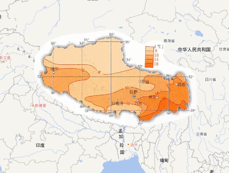 中国西藏自治区七月平均气温在线地图