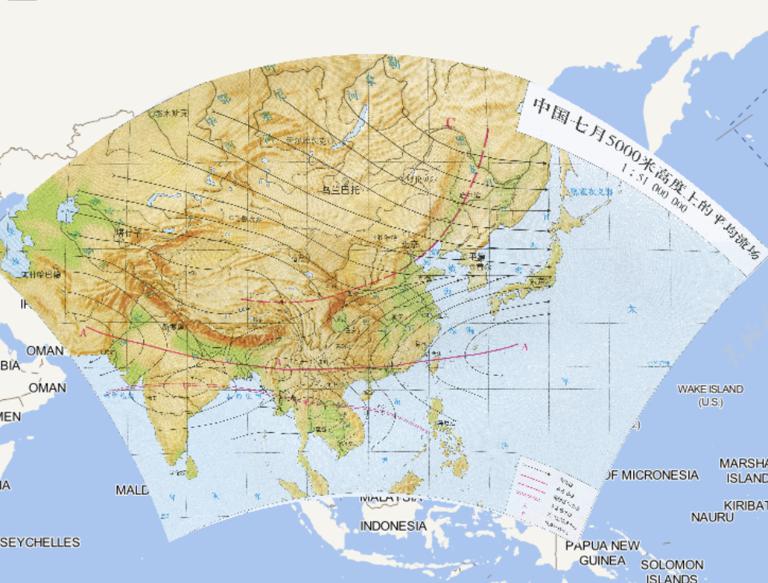 中国七月5000米高度上的平均流场在线地图