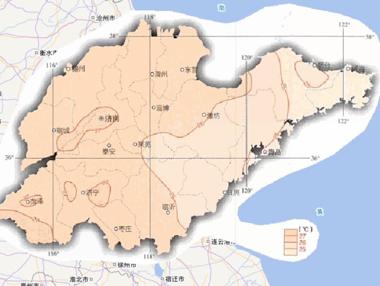 中国山东省七月平均气温在线地图