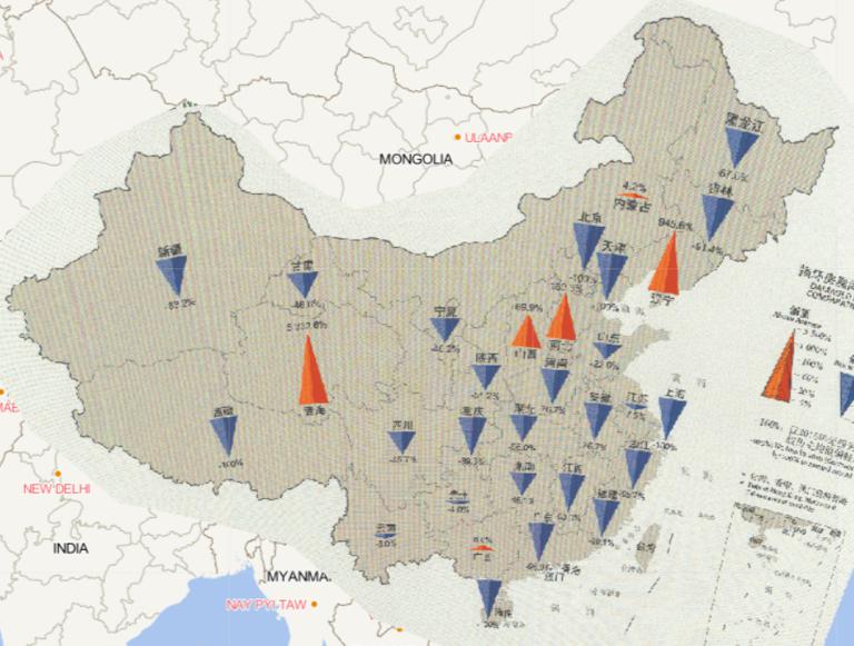 2016年中国风雹灾害分省损坏房屋数量与2000年以来均值对比情况在线地图