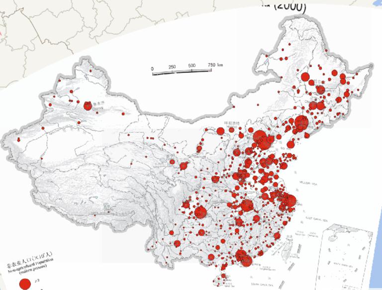 中国主要城市人口在线地图（2000年）
