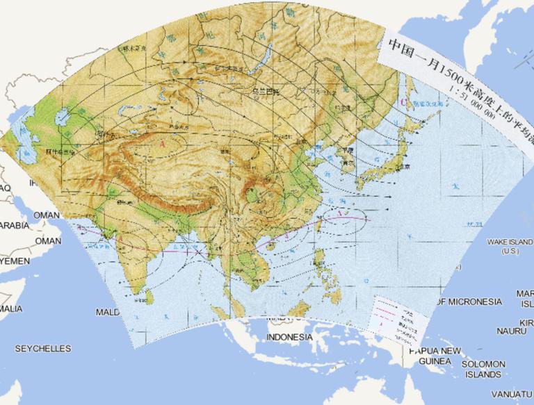 中国一月1500米高度上的平均流场在线地图