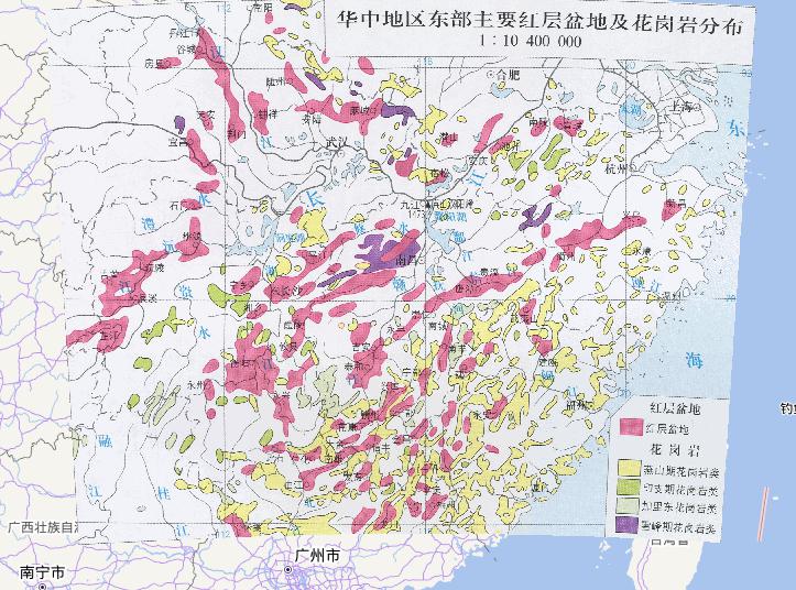 中国华中地区东部主要红层盆地及花岗岩分布在线地图