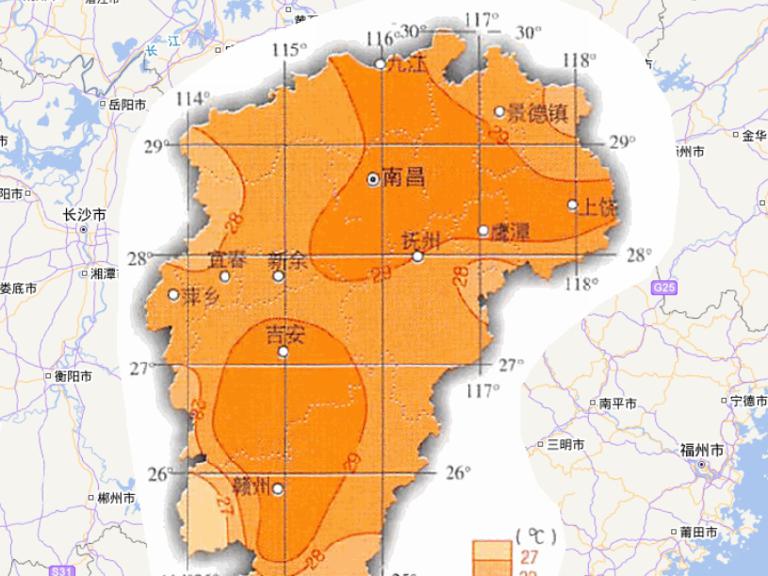 中国江西省七月平均气温在线地图
