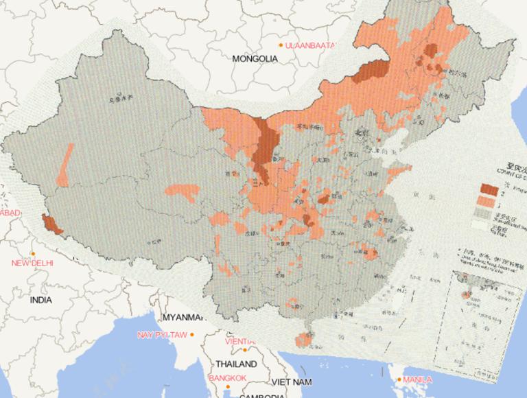 2016年中国干旱灾害分县受灾次数在线地图
