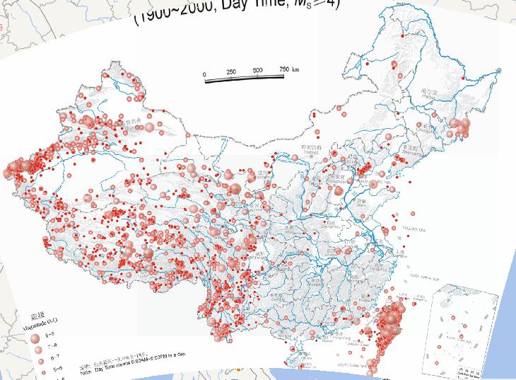 中国地震震中分布（1900年至2000年，白天，震级4级以上）