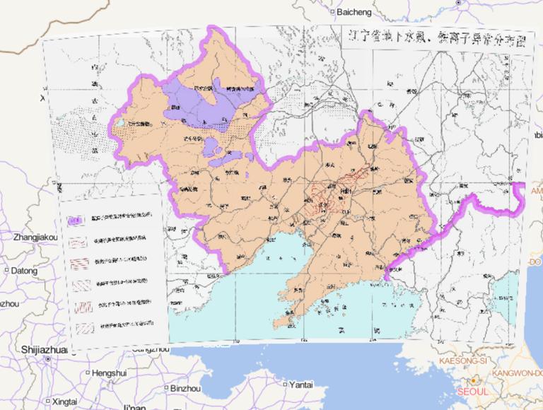 中国辽宁省地下水氟、铁离子异常分布在线地图