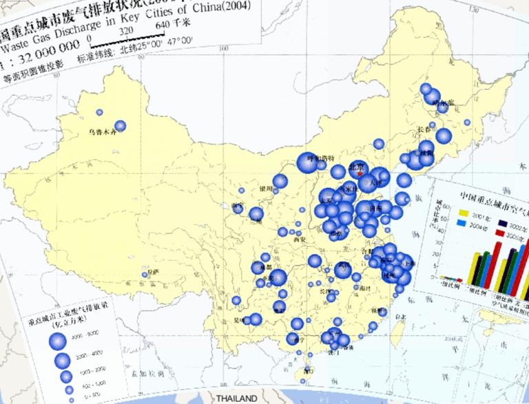2004年中国重点城市废气排放状况在线地图