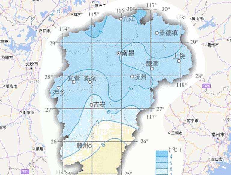 中国江西省一月平均气温在线地图