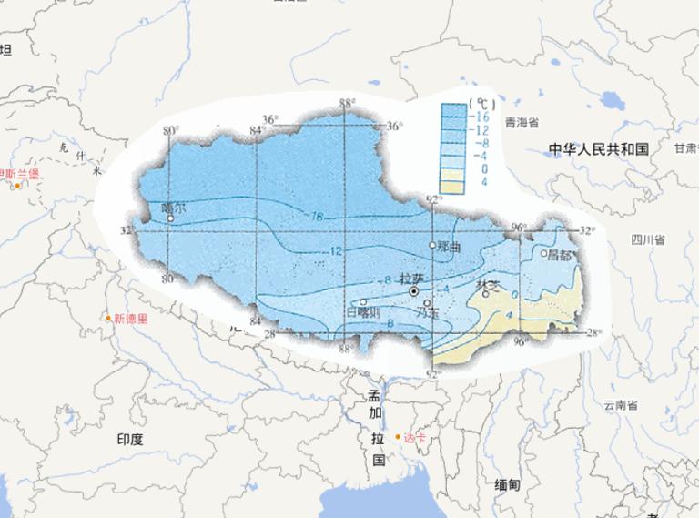 中国西藏自治区一月平均气温在线地图