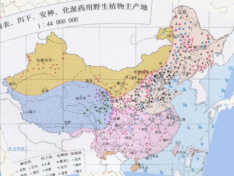 中国主要解表、泻下、安神、化湿药用野生植物主产地的在线地图