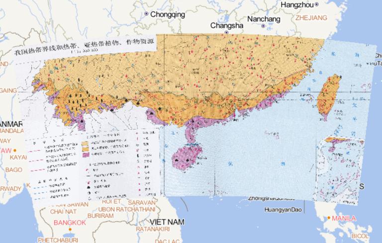 中国热带界限和热带、亚热带植被、作物资源在线地图