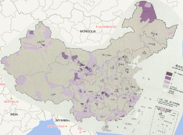 2016年中国低温冷冻和雪灾分县受灾次数在线地图