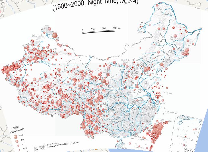 中国地震震中分布（1900年至2000年，夜晚，震级4级以上）