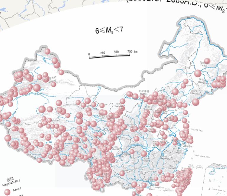 中国地震震中分布在线地图（震级6级至7级）