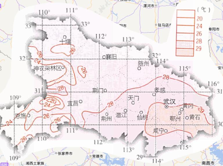 中国湖北省七月平均气温在线地图