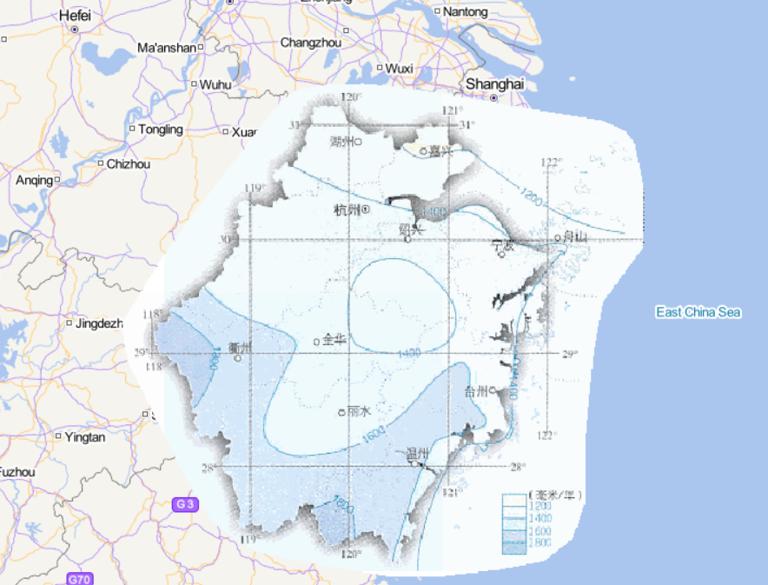 中国浙江省年降水量在线地图