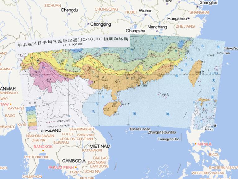 中国华南地区日平均气温稳定通过≥10.0℃初期和终期在线地图