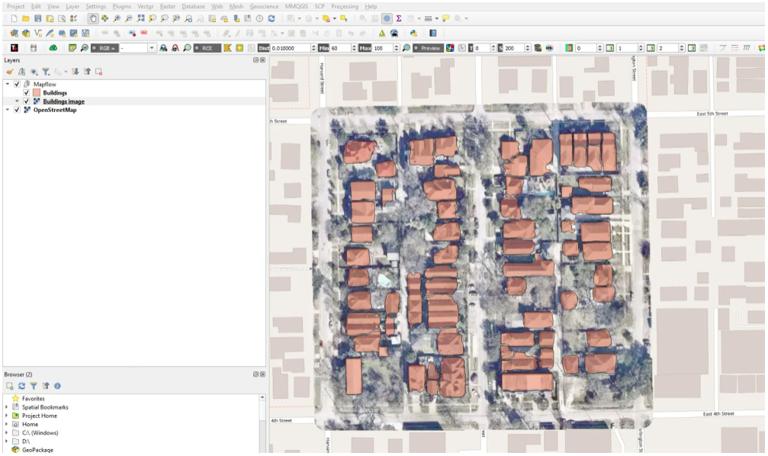 图 9:使用 Mapflow 插件在 QGIS 中自动数字化建筑物占地面积