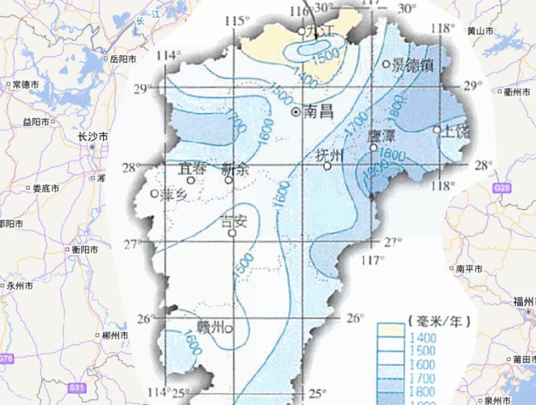 中国江西省年降水量在线地图