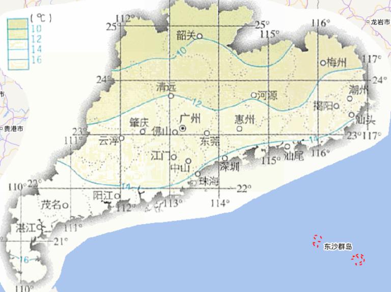 中国广东省一月平均气温在线地图