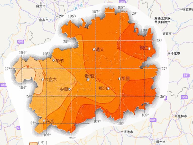 中国贵州省七月平均气温在线地图