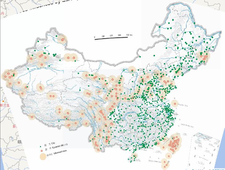 中国地震灾害影响区（公元前2300年至公元2000年，震级7级以上）