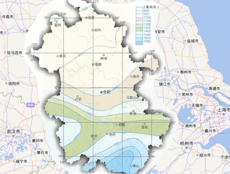 中国安徽省年降水量在线地图