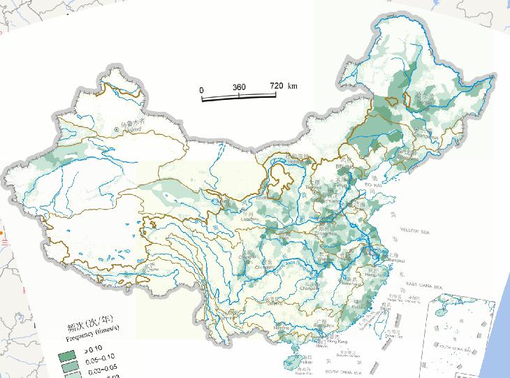 中国8月份水灾频次在线地图（1949年至2000年）