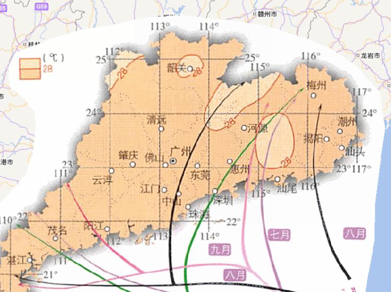 中国广东省七月平均气温在线地图