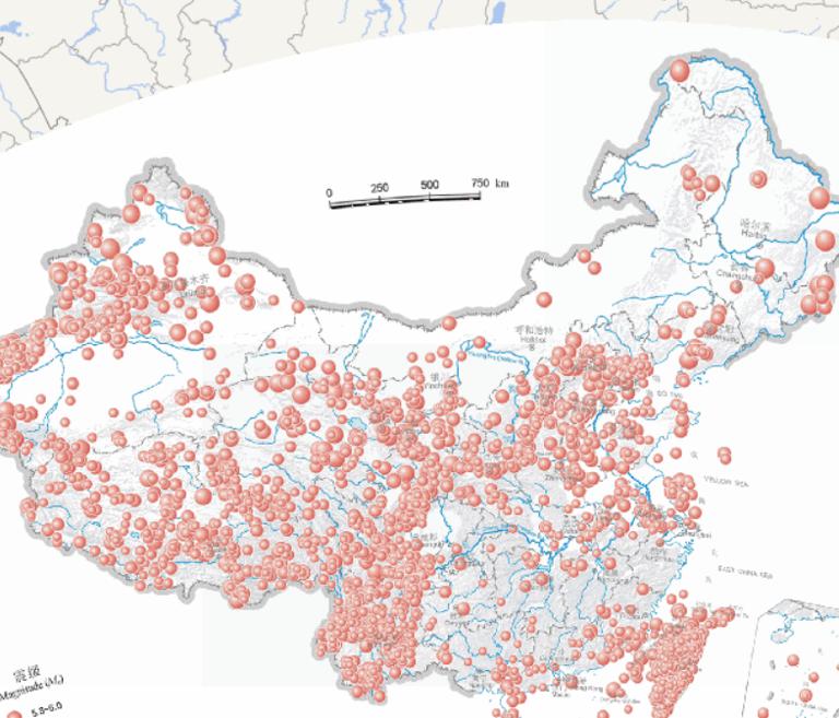 中国地震震中分布在线地图（震级5级至6级）