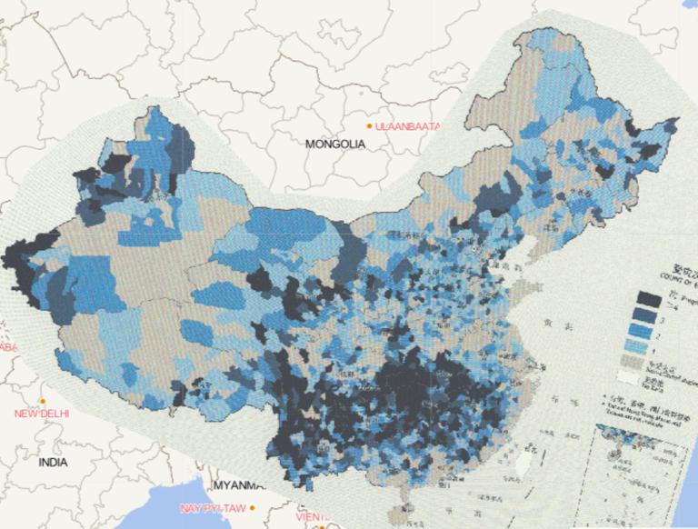 2016年中国洪涝和地质灾害分县受灾次数在线地图