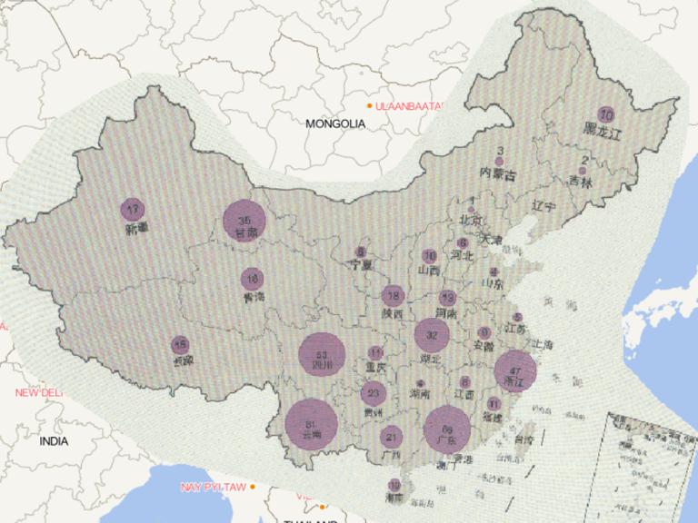 2016年中国低温冷冻和雪灾分省受灾县数量在线地图