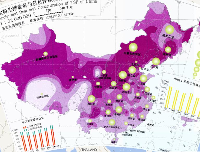 中国烟尘粉尘排放量与总悬浮颗粒物（TSP）浓度（1:3200万）在线地图
